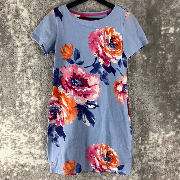 Joules Size 2 Floral Print Mini Shirt Dress Blue Short Sleeve Casual Pullover - Picture 1 of 9